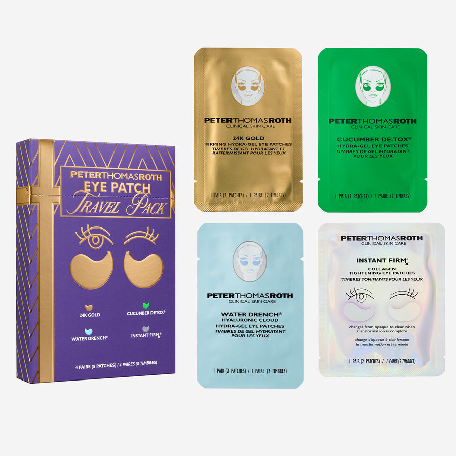 Peter Thomas Roth eye patch travel pack containing four pairs of hydrogel eye patches in gold, green, blue, and white sachets