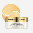 Gold-colored hydra-gel eye patches in a white jar with gold lid, with two patches displayed above the container.