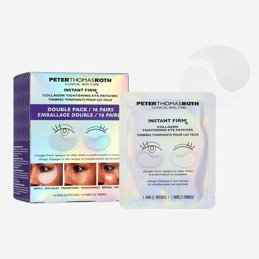 Peter Thomas Roth Instant FIRMx collagen tightening eye patches double pack with box and individual packet shown.