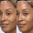 Before and after comparison of face showing skin texture and glow with priming serum applied.