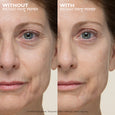 Before and after comparison of face showing skin texture and fine lines around eyes, with primer applied on right side.