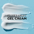 White fluffy gel cream texture swatches on light blue background.