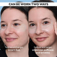 Translucent gel eye patches applied under the eye and on the outer eye area in two different wearing positions.