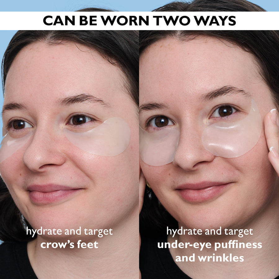 Translucent gel eye patches applied under the eye and on the outer eye area in two different wearing positions.