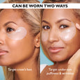Pink gel eye patches applied to crow's feet and under-eye area on two different faces showing dual placement options.