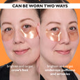 Two demonstrations of translucent eye patches applied to the eye area in different positions on a person's face.