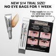 Trial-size tube of eye tightening formula with shade swatch and before-and-after comparison card showing results.