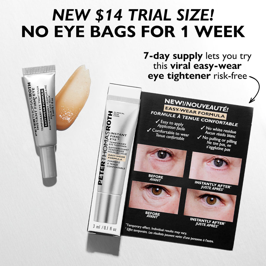 Trial-size tube of eye tightening formula with shade swatch and before-and-after comparison card showing results.