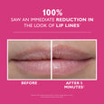 Before and after comparison showing lips with visible lines on pink background with product claims text.