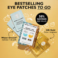 Three Peter Thomas Roth eye patch packets displayed on a gold background, including blue Water Drench and gold 24K Gold varie
