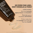 Black bottle of Instant FIRMx temporary face tightener with clear gel product swatches on beige background.