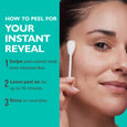 White peel solution on cotton swab being applied to person's cheek with instruction steps displayed.