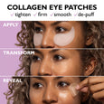Beige crescent-shaped eye patches shown in three stages: applied under eyes, worn on skin, and being removed.