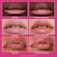Before and after comparison of lip appearance on three different skin tones showing fuller, glossier lips.
