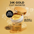 Two gold-colored Peter Thomas Roth skincare products with yellow gel pads displayed on tan background with text and icons.