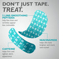 Turquoise adhesive face and eye tapes with white grid pattern and text labeling peptide ingredients.