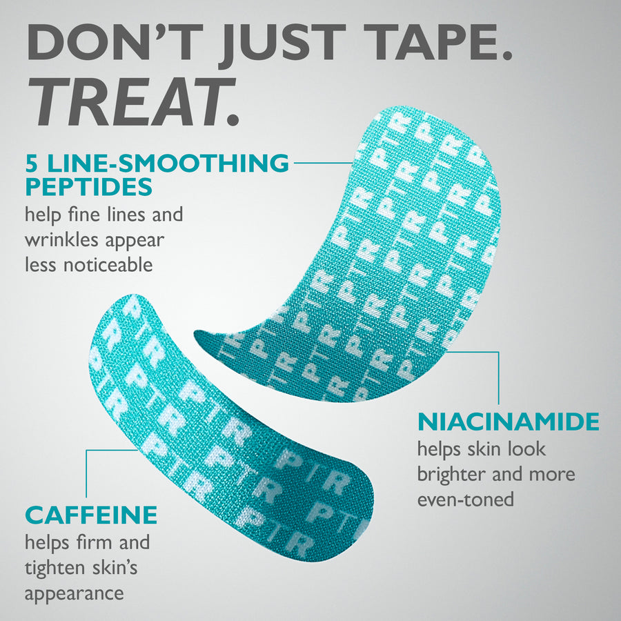 Turquoise adhesive face and eye tapes with white grid pattern and text labeling peptide ingredients.