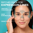Woman's face wearing gel patches on forehead, nose bridge, and eye area against turquoise background.