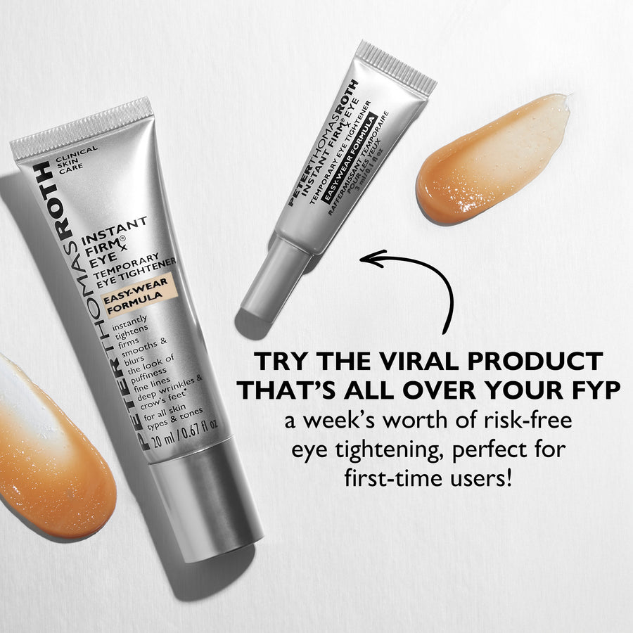 Silver tube of Instant FIRMx Eye tightener with beige-toned product swatches displayed.