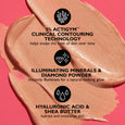 Shimmering beige priming serum swatches showing luminous texture against pink background with ingredient callouts.