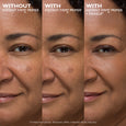 Side-by-side comparison of woman's face showing skin texture without primer, with primer alone, and with primer plus makeup a