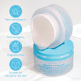Clear jar of pale cream moisturizer with white lid and blue Peter Thomas Roth band, displayed with four benefit icons.