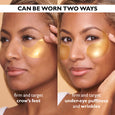Gold-colored hydra-gel eye patches applied under the eyes in two different positions on a person's face.