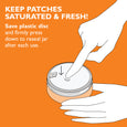 Hand pressing plastic disc onto jar with eye patches inside against orange background.