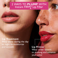 Close-up of person's lips with mauve-pink and deep red lip product applied, showing two application methods.