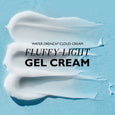 White gel cream swatches on light blue background with product name text overlay.