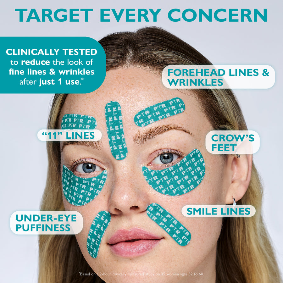 Teal peptide-infused facial patches applied to forehead, between brows, eyes, cheeks, and mouth area on a woman's face.