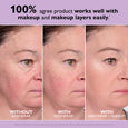 Three side-by-side close-up views of a woman's face showing skin appearance without product, with product, and with product p