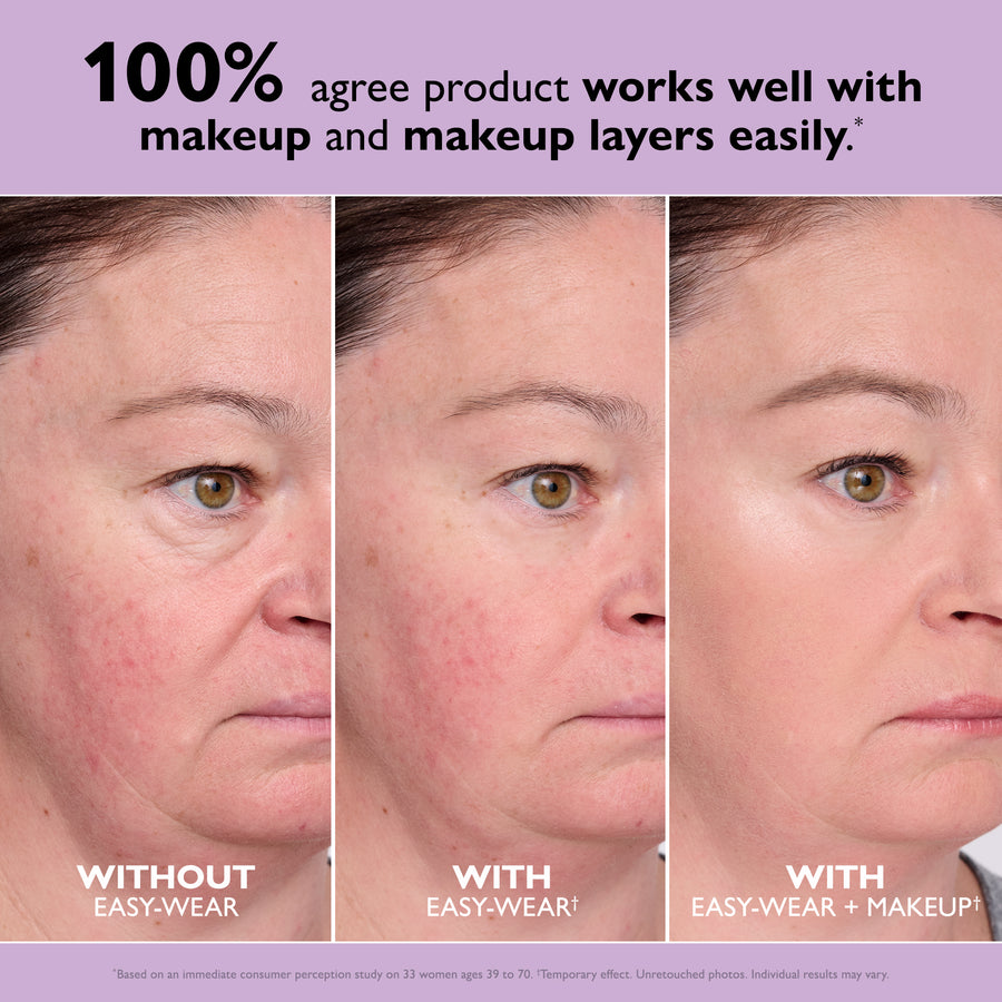 Three side-by-side close-up views of a woman's face showing skin appearance without product, with product, and with product p