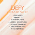 Product packaging displaying "DEFY" branding with list of seven signs of aging and orange diagonal design elements.