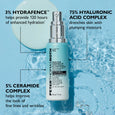 Clear spray bottle with silver pump top containing light blue hyaluronic glow serum, displayed against water splash backgroun