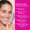 Woman holding a silver tube of firming primer next to her face with application instructions on a pink background.