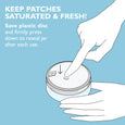 Illustrated hands pressing a plastic disc onto a jar of eye patches against a blue background.