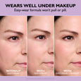 Three side-by-side close-ups of a woman's eye area showing skin before and after applying eye tightening product, with and wi