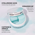 Peter Thomas Roth eye patch container with turquoise gel patches and white lid labeled with ingredient benefits.