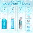 Clear bottle with silver pump dispenser containing pale blue serum, displayed in step 3 of a four-step skincare routine guide