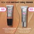 Two primer serums displayed: left tube with black cap labeled "Glow Filter Priming Serum" for glow finish, right tube with si