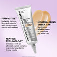 White tube of eye tightening cream with applicator tip and beige tinted formula swatch on lavender background.