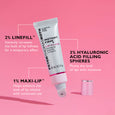 White lip filler tube with pink cap displayed on pink background with ingredient callouts.