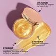 Two gold-toned beauty products with cream and gel textures in clear and beige containers against a pink background.