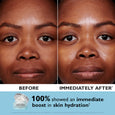 Before and after comparison showing face with increased skin hydration and moisture on right side; product jar shown on left.