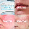 Four close-up images showing dry lips, red facial skin, and irritated skin areas with labeled text.