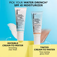 Two tubes of Water Drench SPF 45 moisturizer displayed against blue and yellow background with product texture swatches.