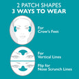 Teal graphic showing two illustrated faces demonstrating three patch placement options: kidney-shaped patches at eyes for cro