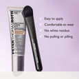 White tube of eye tightener with black brush applicator on purple background with product benefits listed.