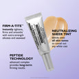 Trial-size white eye cream tube with neutralizing sheer tint swatch displayed on light purple background.